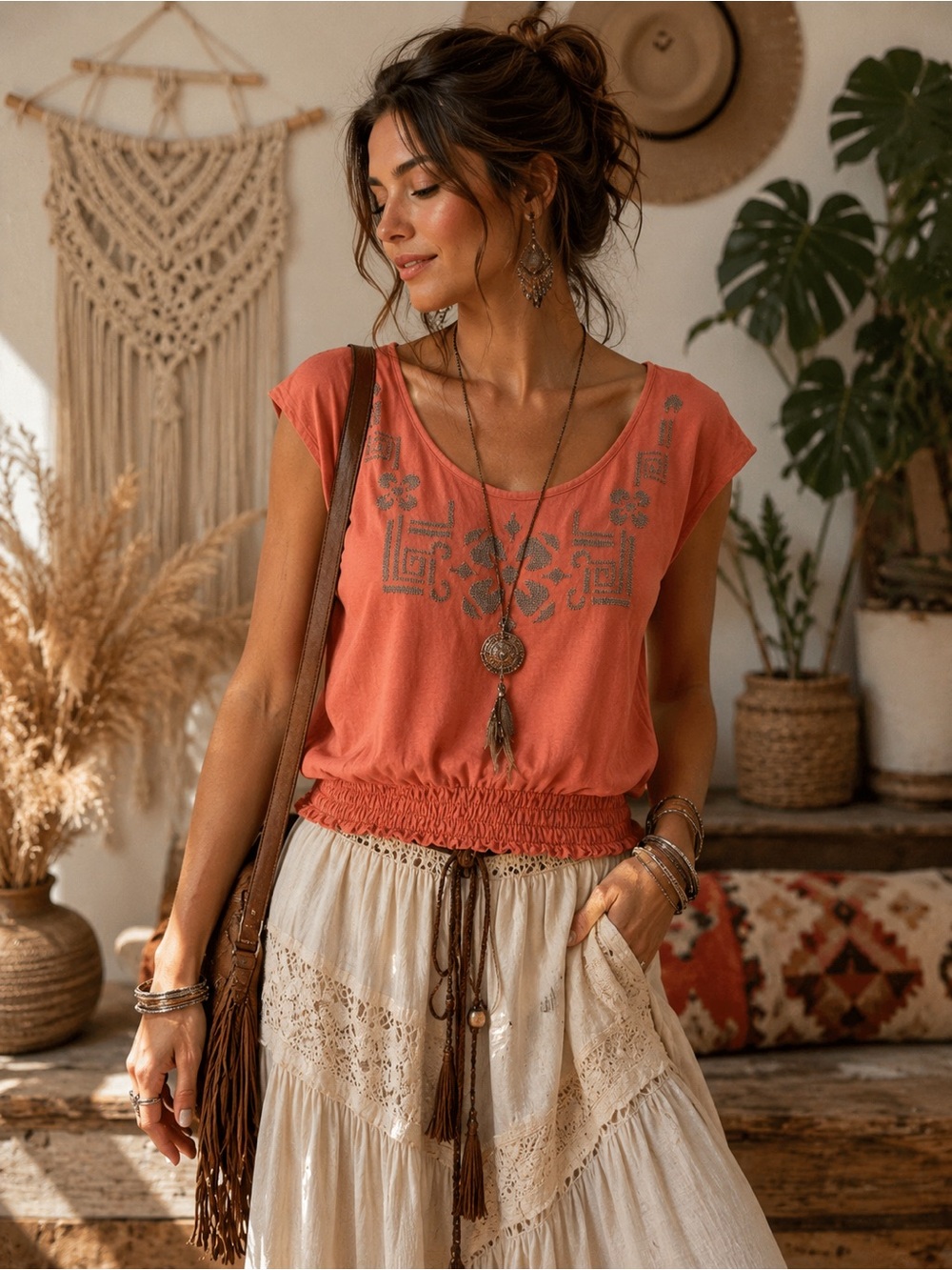 True‎ Grit Coral Scoop Neck Metallic Embellished Top